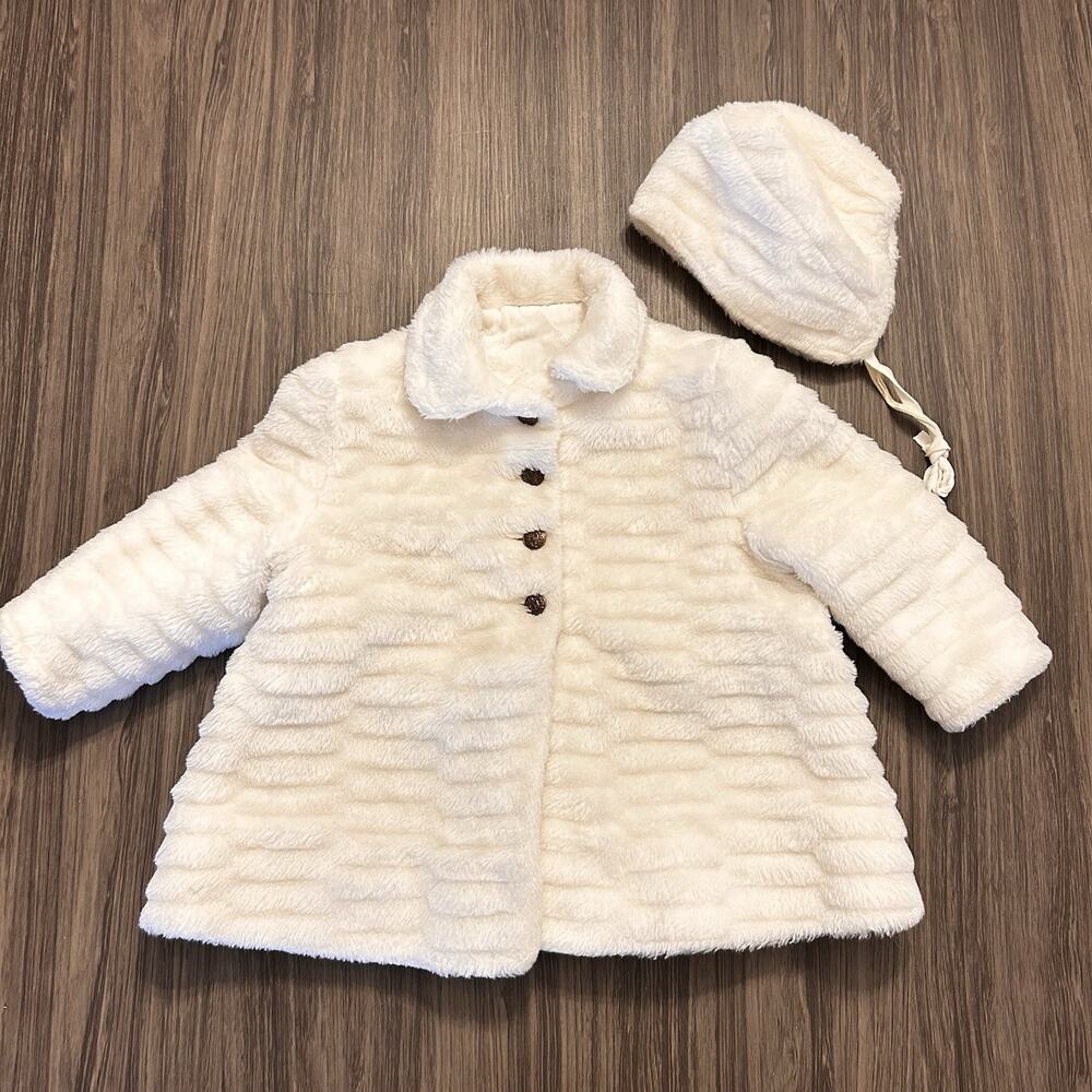 Vintage Breman & Tanner Girls White Faux Fur Overcoat & Matching Bonnet 18-24m